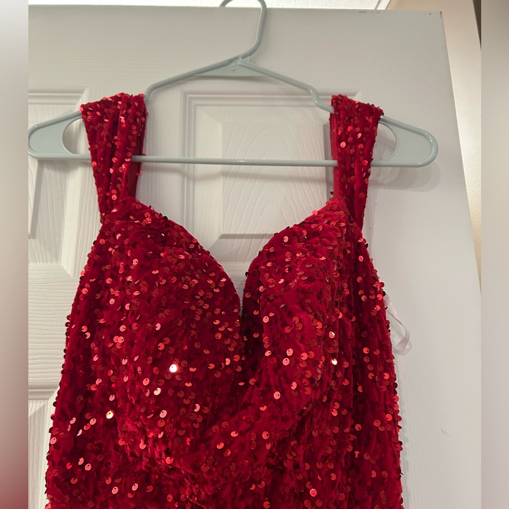 DARK RED OFF THE SHOULDER SEQUIN GOWN - Picture 7 of 14